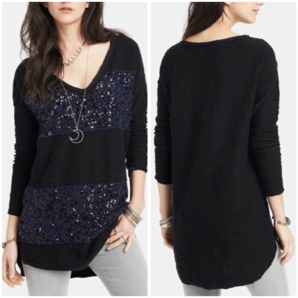 Free People Sequin Sweater in Navy Blue & Deep Purple Size Small